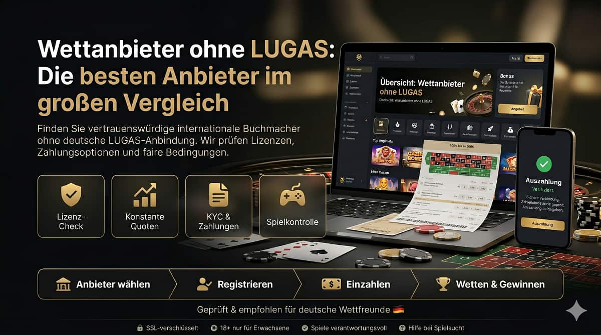 Professionelles SEO Hero-Bild für Online Casinos mit Laptop, Smartphone, Casino-Symbolen und deutschen Texten.